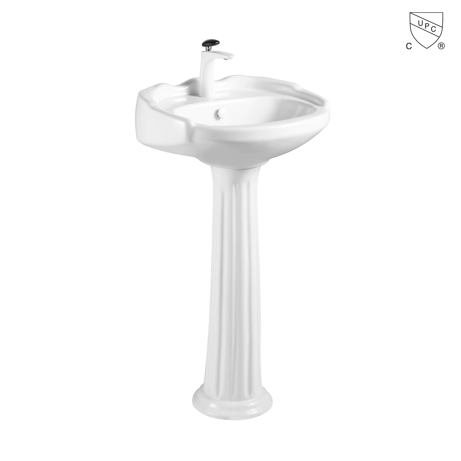 45 degree preview of an Elegant streamlined two piece bathroom porcelain constructed pedestal sink MB-2063 with CUPC certification, produced by meilong ceramics